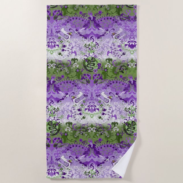 Genderqueer Dragon Damask - Genderqueer Pride Flag Beach Towel (Front)