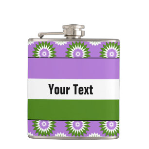 Genderqueer pride flag with a green flower pattern hip flask