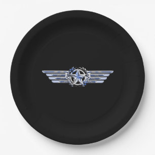 General Air Pilot Chrome Like Star Wings Black Paper Plate