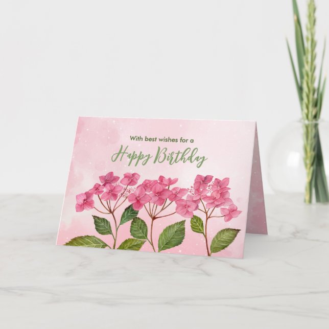 General Birthday Wishes Pink Hydrangea Watercolor Card (Front)