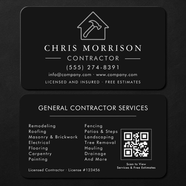 General Construction Contractor QR Code Black Business Card (Creator Uploaded)