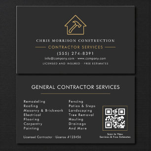 General Contractor Black Gold QR Code Business Card