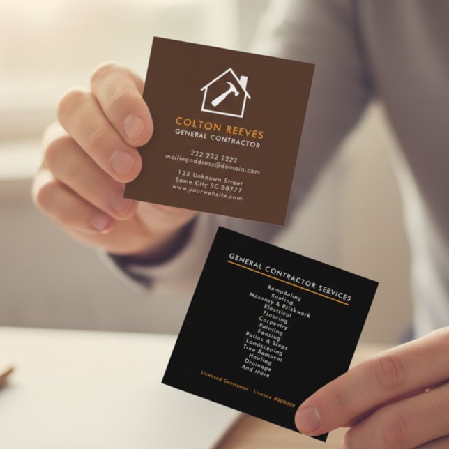 General Contractor Brown and Black Square Business Card (Creator Uploaded)