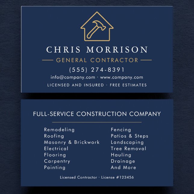 General Contractor Navy Blue Gold Business Card (Creator Uploaded)