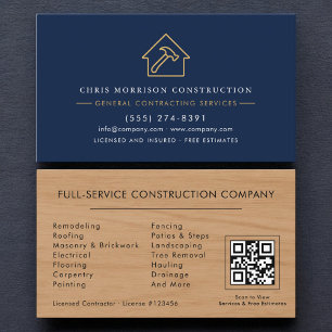 General Contractor Navy Blue Wood QR Code Business Card