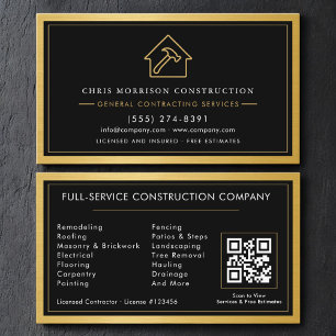 General Contractor QR Code Black & Gold Metallic Business Card
