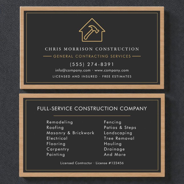 General Contractor Wood Black & Gold Business Card (Creator Uploaded)