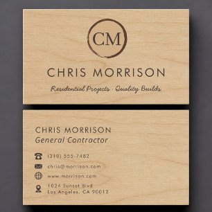 General Contractor Wood Monogram Professional Business Card