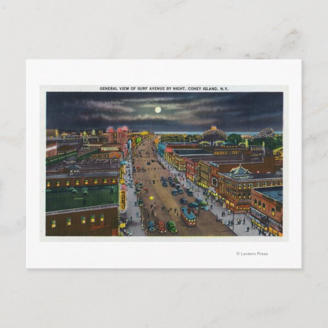 General View of Surf Avenue at Night Postcard (Front)