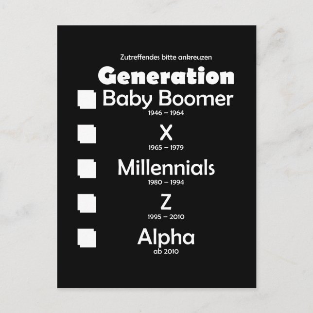 Generations Baby Boomer, X, Y, Millennium, Z, Al Postcard (Front)