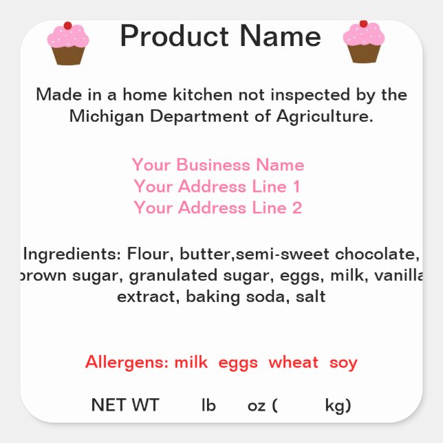 Generic Cottage Food Law Product Labels (Front)