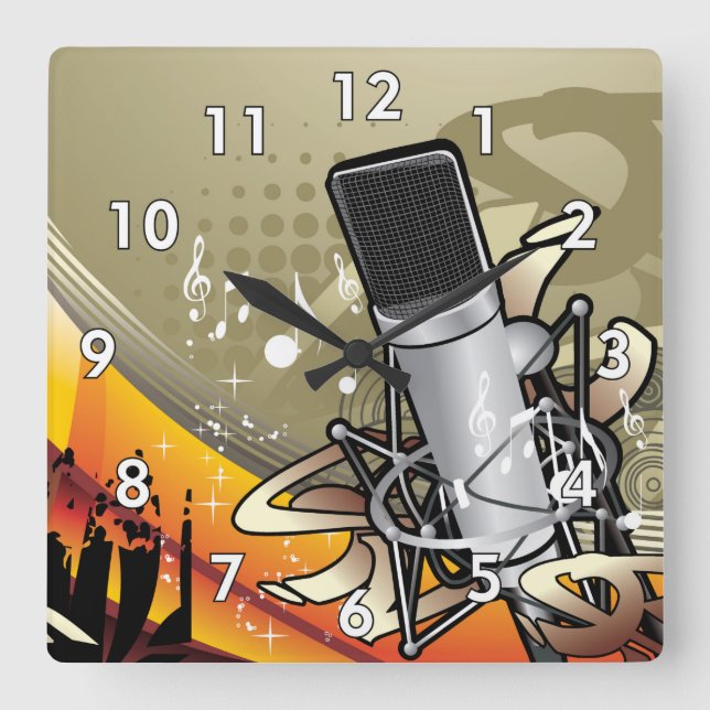 Generic Music Themed w/Microphone Square Wall Clock (Front)