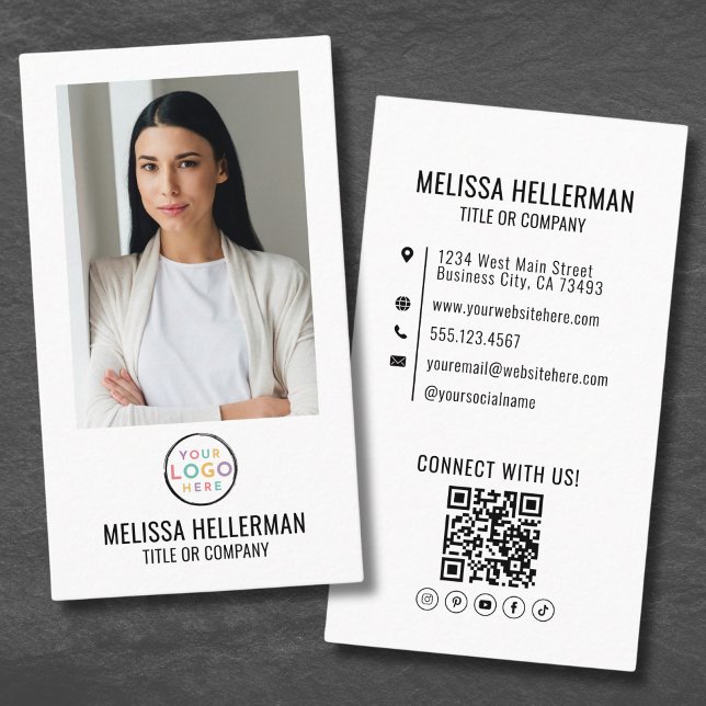 Generic White Photo QR Code Logo Vertical Business Card (Blush Pink Minimalist Photo QR Code Logo Vertical Business Card)