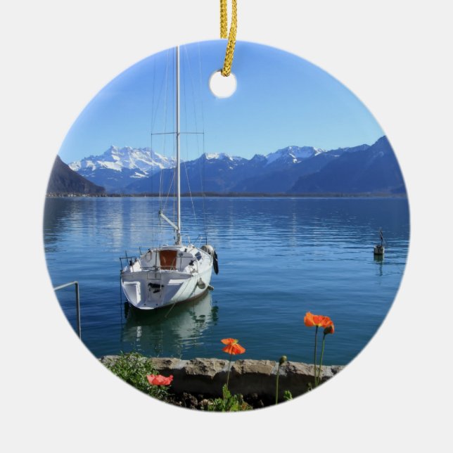 Geneva lake scenery, Montreux, Switzerland Ceramic Ornament (Front)