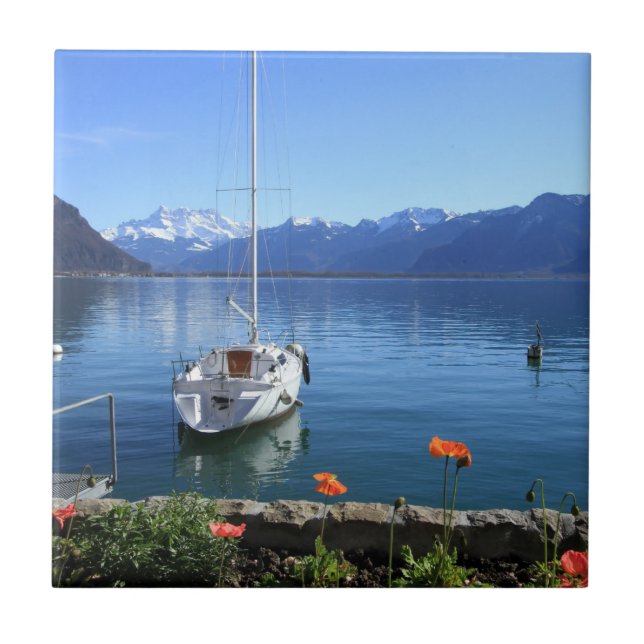 Geneva lake scenery, Montreux, Switzerland Tile (Front)