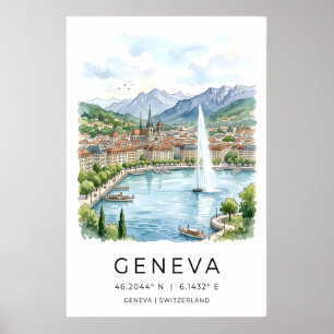 Geneva Lakefront Art Print, Watercolor Cityscape Poster
