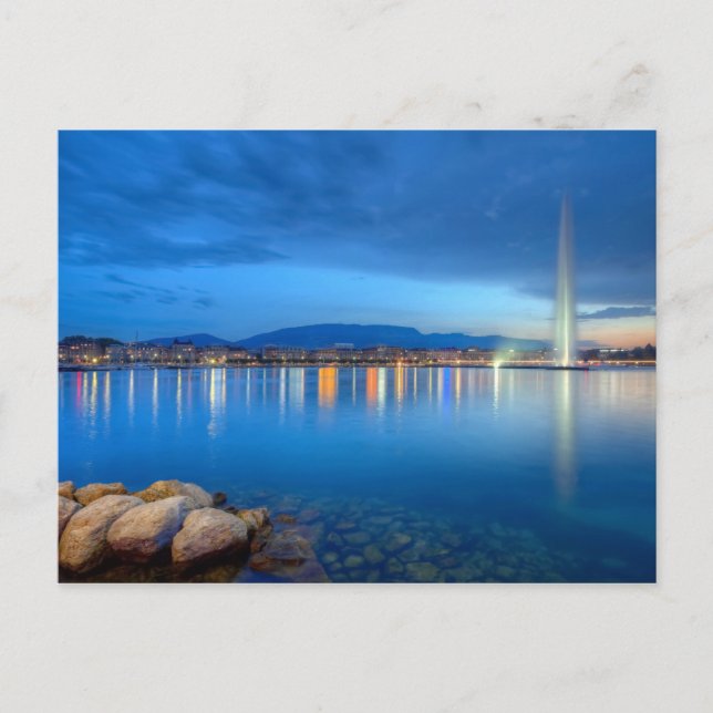 Geneva panorama with famous fountain, Switzerland, Postcard (Front)
