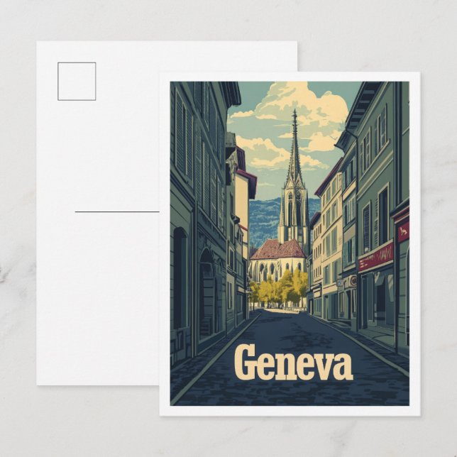 Geneva Switzerland Art Vintage Travel Illustration Postcard (Front/Back)