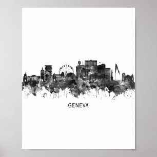 Geneva Switzerland Skyline BW Poster