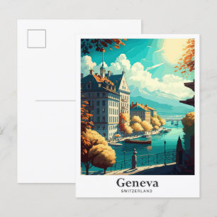 Geneva Switzerland Vintage Travel Illustration Postcard