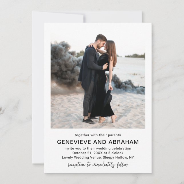 Genevieve Black and White Photo Modern Wedding Invitation (Front)