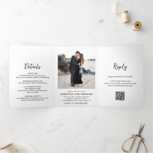 Genevieve Black and White Photo Modern Wedding Tri-Fold Invitation