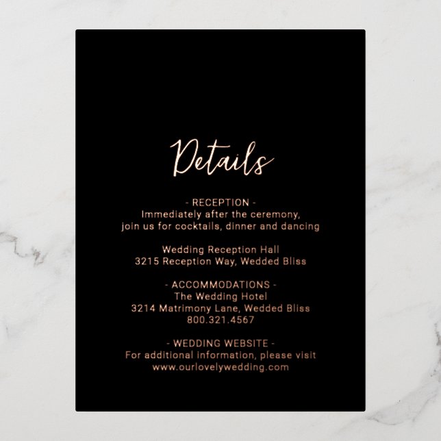 Genevieve Black Photo Modern Wedding Foil Invitation Postcard (Front)