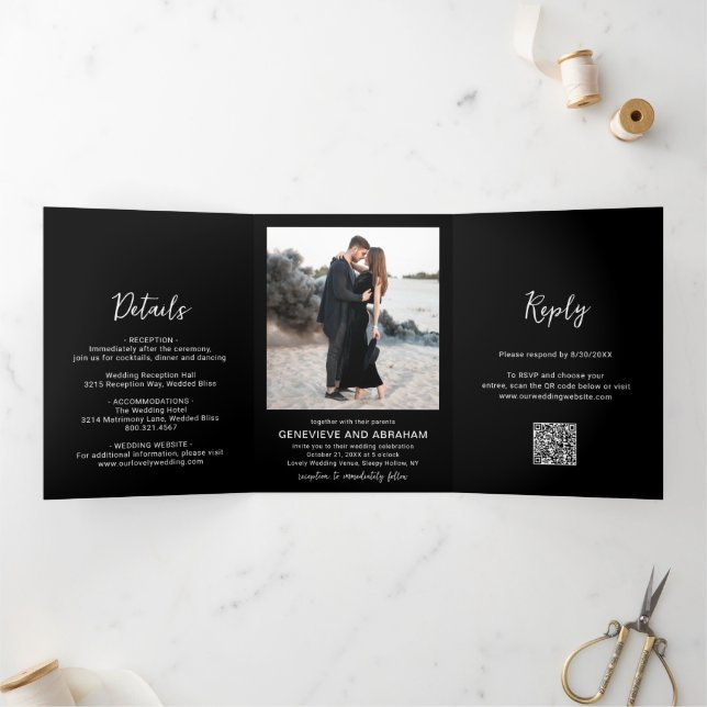 Genevieve Black Photo Modern Wedding Tri-Fold Invitation (Inside)