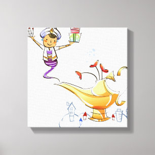 Genie bringing a house and gifts from a magic lamp canvas print