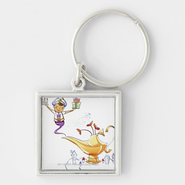Genie bringing a house and gifts from a magic lamp keychain (Front)