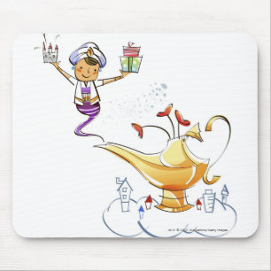 Genie bringing a house and gifts from a magic lamp mouse pad