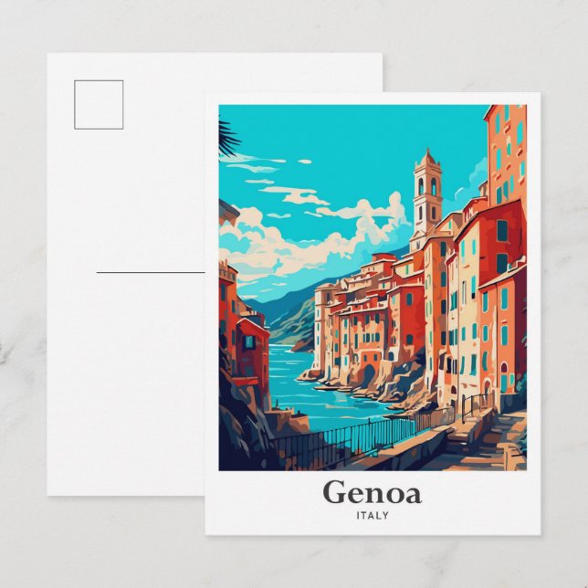Genoa Italy Vintage Travel Illustration Postcard (Front/Back)