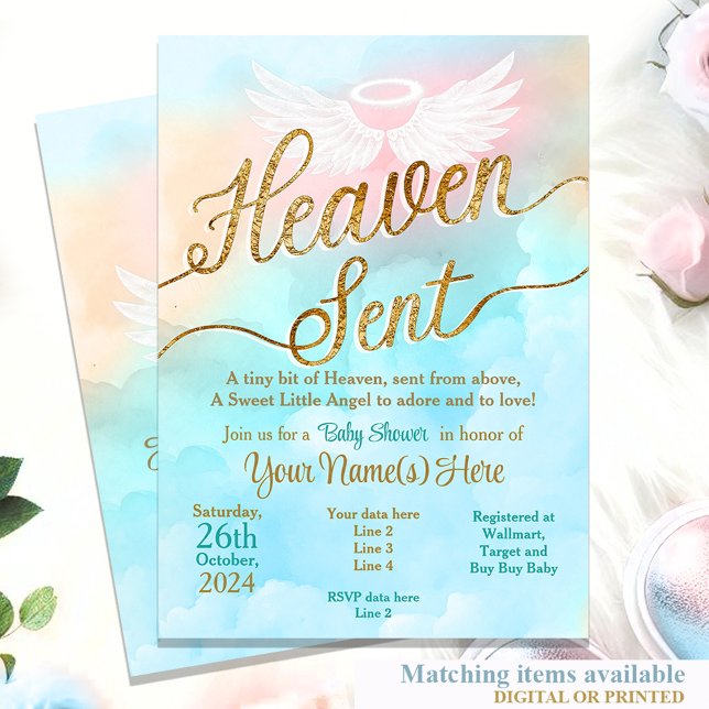 Genre Neutre Ciel Envoyé Baby shower Invitation (Gender Neutral Little Angel Baby shower turquoise pink blue gold unisex reveal)