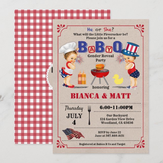 Genre Reveal BabyQ invitation de la fête. Jour de  (Devant / Derrière)