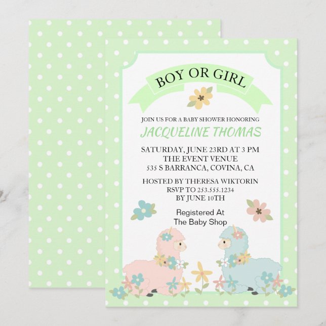 Genre Reveal Llama Baby shower Invitation (Devant / Derrière)