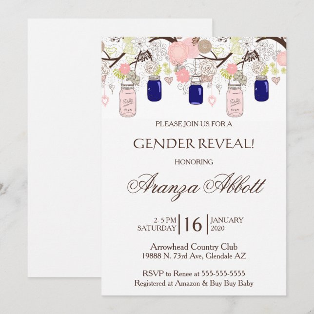 Genre Reveal Mason Jars Baby shower Invitation (Devant / Derrière)