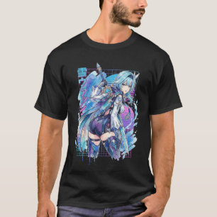 Genshin Eula Vaporwave Glitch Palm Sunset Neon Gri T-Shirt