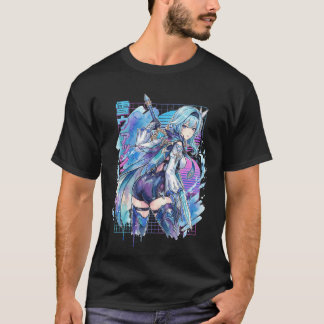 Genshin Eula Vaporwave Glitch Palm Sunset Neon Gri T-Shirt