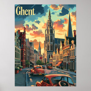 Genteel Ghent: Vintage Street Scene Illustration Poster