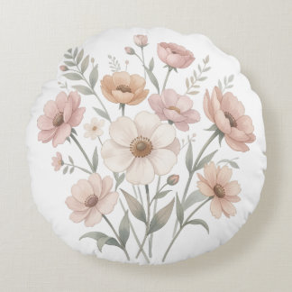Gentle Anemone Bouquet Watercolor Softness Round Pillow