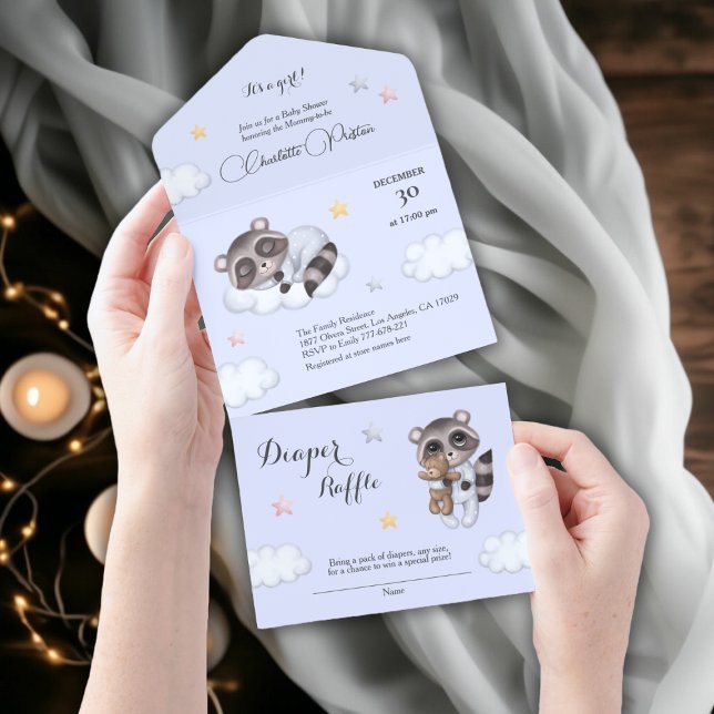 Gentle Baby Boy Raccoon Blue Baby Shower  All In One Invitation (Gentle Baby Boy Raccoon Blue Baby Shower All In One Invitation)