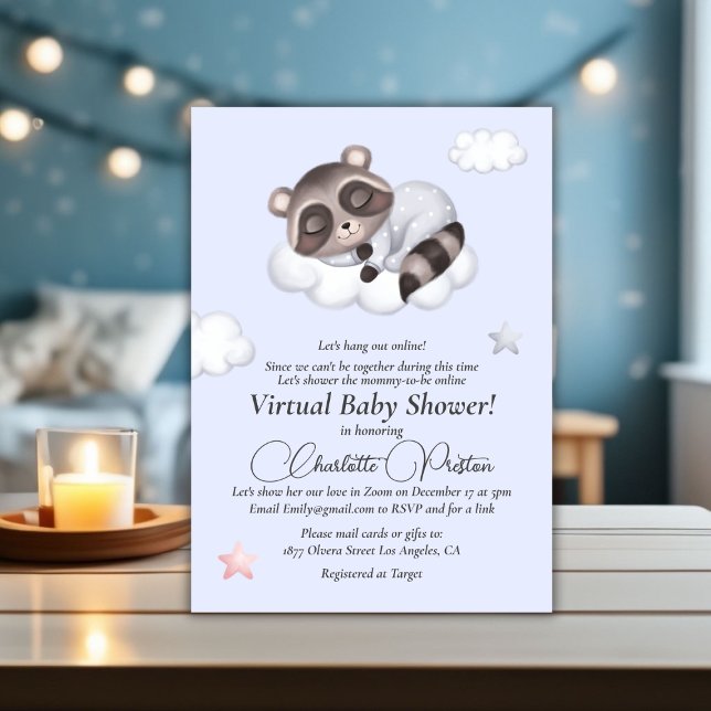Gentle Baby Boy Raccoon Blue Baby Shower Virtual Invitation (Gentle Baby Boy Raccoon Blue Baby Shower Virtual Invitation)