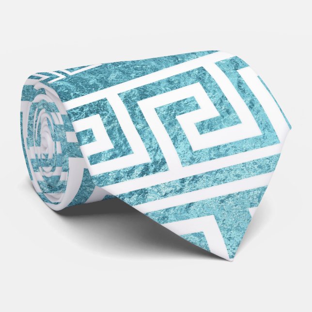Gentle Blue Greek Meander Pattern on glass Tie (Rolled)