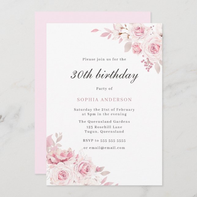 Gentle Blush Elegant Flowers 30th Birthday Party Invitation (Front/Back)