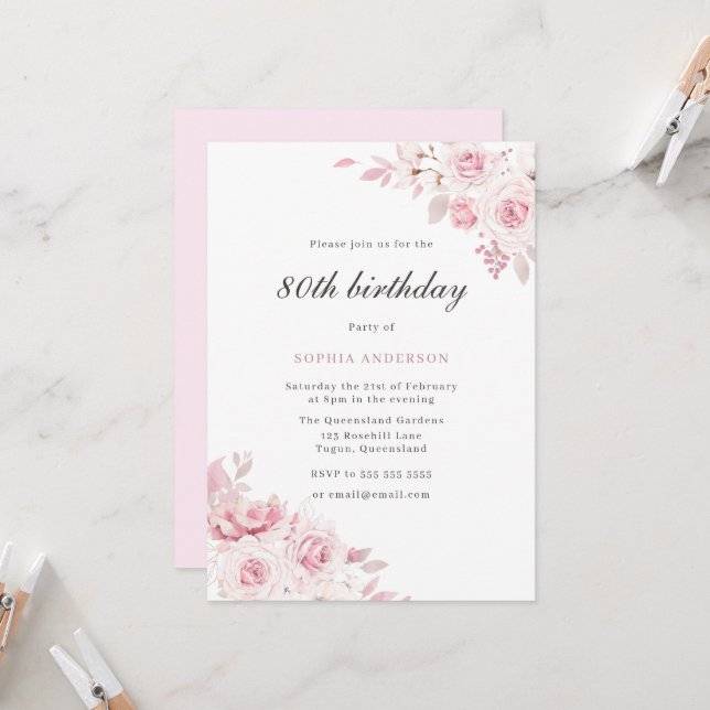 Gentle Blush Elegant Flowers Womans 80th Birthday Invitation (Front/Back In Situ)