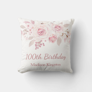 Gentle Blush Pink Floral 100th Birthday Party Gift Throw Pillow