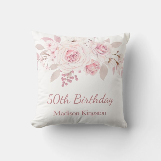 Gentle Blush Pink Floral 50th Birthday Party Gift Throw Pillow (Front)