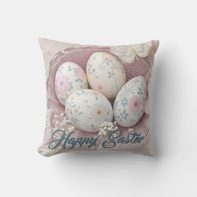 Gentle Easter Joy with Floral Motif Throw Pillow (Front)