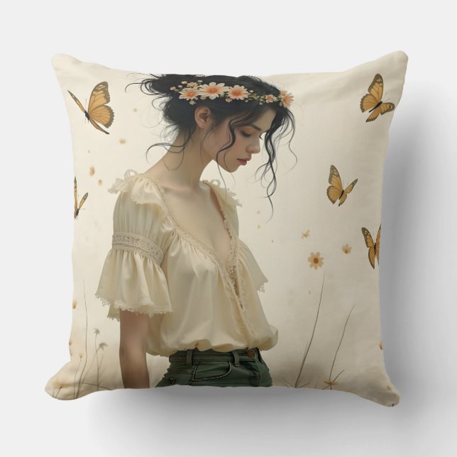 Gentle Elegance in a Butterfly Dance Throw Pillow (Front)