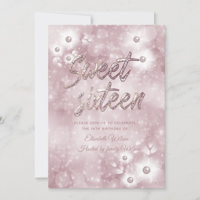 Gentle elegant  bokeh pearl floral sweet sixteen invitation (Front)